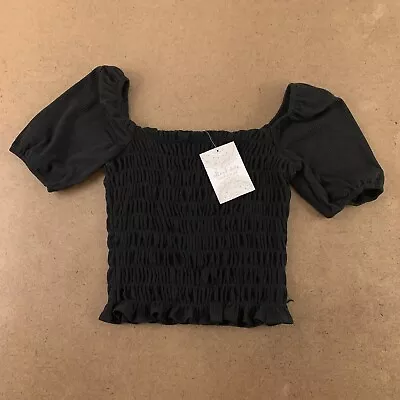 Altard State Womens Crop Top Black Off Shoulder Puff Smocked Ruffles S New • $40.99