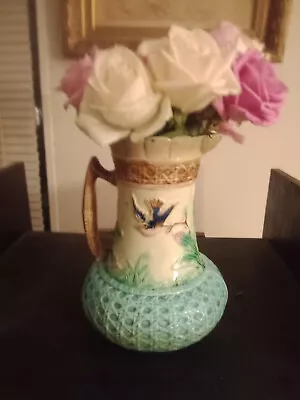 Lovely Majolica  Pitcher With Birds Bamboo Motif Vintage • $325