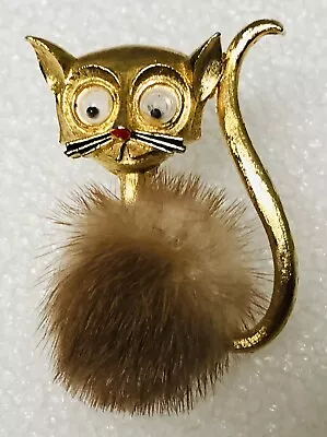 $29.95 • Buy Vintage 1960’s Signed JJ Jonette Jewelry Brooch Pin Cat W/ Fur & Googly Eyes