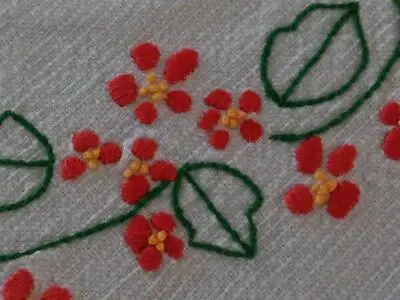 Vintage Red Pink Embroidered Tablecloth Flower Wreath French Knots 52  • $19.99