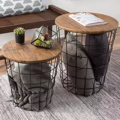 Lavish Home Nesting Tables 2-Piece Bohemian Metal + Wood Round Set Black/Brown • $109.95