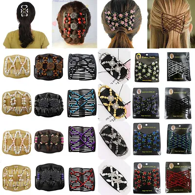 Women Magic Hair Comb Hair Clip Double Slide Wood Beads Retro Hairpin Stretchy# • £4.69