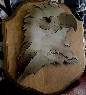 Vintage 3D Eagle Head Metal On Wood Wall Plaque Signed • $19.95