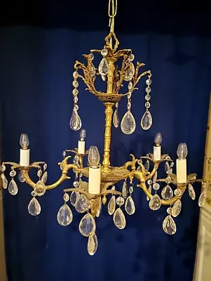 Vintage 5 Arm Classic Brass Spanish French  Gilt Chandelier W/ Lead Crystals • $375