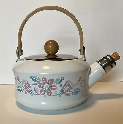 Vintage Flower Stencil Porcelain Enamel Tea Kettle Whistling 2 Quart Teapot 1987 • $20.69