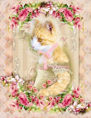 $8.99 • Buy Whimsy Dust Fabric Block Vintage Cat Kitten Portrait Pink Roses 8.5  By 5.5 