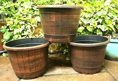 SET 3 X XL COPPER WOODEN BARREL Plant Pot Outdoor Garden Round Plastic Planter M • £13.99