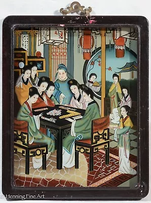 Beautiful Vintage Chinese Reverse Glass Painting Women Playing Mahjong Nice! • $175