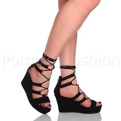 £5.99 • Buy Womens Ladies High Heel Wedge Platform Lace Up Wrap Around Sandals Size 3 36