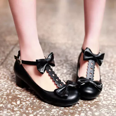 EU35-50 Womens Bowties T-strap Mary Jane Low Block Heel Lolita Sweet Shoes Pumps • $59.44