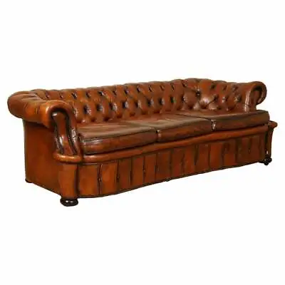 One Of A Kind Whiskey Brown Hand Dyed Leather Serpentine Club Chesterfield Sofa • $8211.13