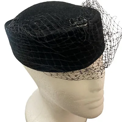 VTG 1970s Chic Black Pill Box Hat Beret W/ Netting Veil Heart Sequins England • $33.99