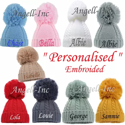 Personalised Baby Single Pom Pom Hat Knitted Winter White Pink Blue Grey Newborn • £4.98