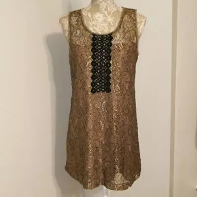 C. Luce Dress Womens Size M Bronze Metallic/Black Lace Sleeveless Cocktail Shift • $13.22
