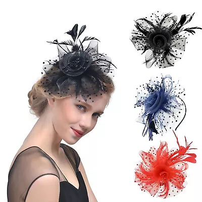 Women Flower Mesh Ribbons Feathers Headband  Cocktail Tea Party  Hat Headwear US • $5.99