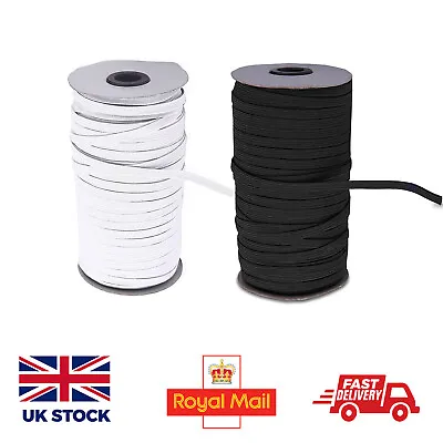 Flat Elastic Cord White/Black 3/6/7/9/12mm Stretch Bands Sewing Masks Clothes • £3.99