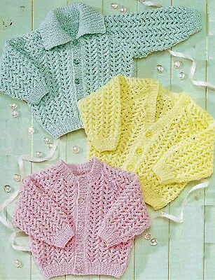 Baby Girls Lacy Eyelet Jacket Collar Cardgan Raglan KNITTING PATTERN DK 16 - 24  • £2.15