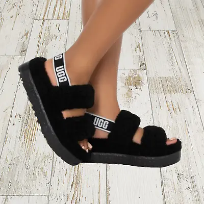 UGG Oh Fluffita Women's Shearling Platform Sandal Slipper Black SELECT SIZE NEW • $64.99