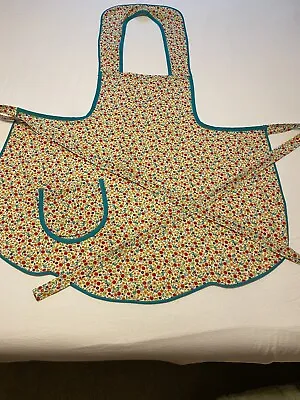 Vintage HANDMADE COTTON FULL BIB APRON Floral Print With Teal Trim/With Pocket • $29.99