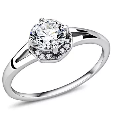 Ladies Silver Ring Solitaire Pave Cubic Zirconia Stainless Steel Size T 10 • £12