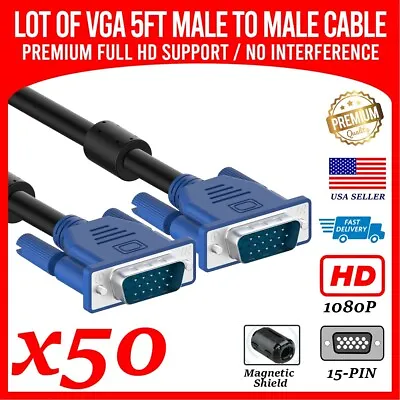 Lot Of 50 VGA Video Cable 5ft 1080p HD Male To Male Monitor Laptop PC Computer • $49.99