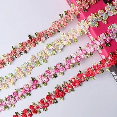 2 Yards Flower Embroidered Lace Trim Ribbon Wedding Dress Clothing Sewing Decor • $2.88