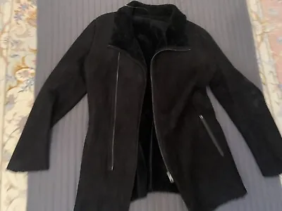 Men Black Sheepskin Real Fur  Leather Coat Size M In Excellent Used Condition • £49