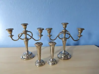 Ianthe Silver Plate Three Arm Candlestick  Pair With Matching Vases - England • £20