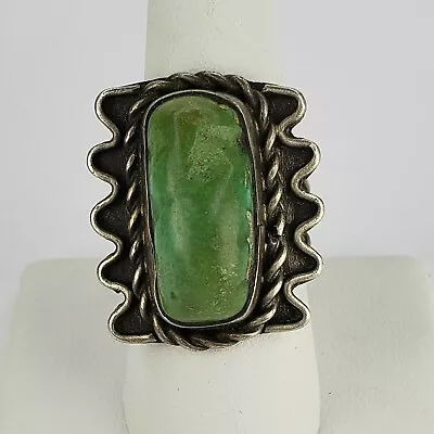 Vintage Southwestern Design Green Carved Turquoise Ring Size 8.25 • $74.99