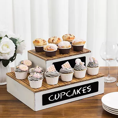 Cupcake Stands With Chalkboard Labels Brown Wooden Display Risers Set Of 2 • £44.34