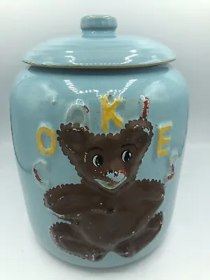 Antique Crockery BLUE Cookie Jar Brown Teddy Bear 9  • $15