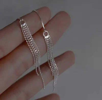 925 Silver Plated Threader Earrings Dainty Chain Tassel Drop Pull Earrings S6 • $4.95