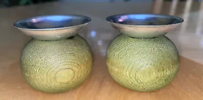 Pair 2” MCM Green Aarikka Candle Holders Finland Teak Wood Candles Set Vintage • $19.99