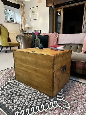 Vintage PINE CHEST Old Blanket TRUNK Wooden Coffee TABLE Storage Box • £145