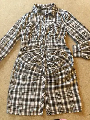 Cherry Koko Brown & White Tartan Flannel Button Up Collared Ruched Dress Size S • £12.90