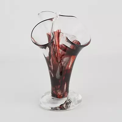 Small Ruffle Handkerchief Wavy Edge Blown Art Glass Vase Deep Red  13.5 Cm • £14