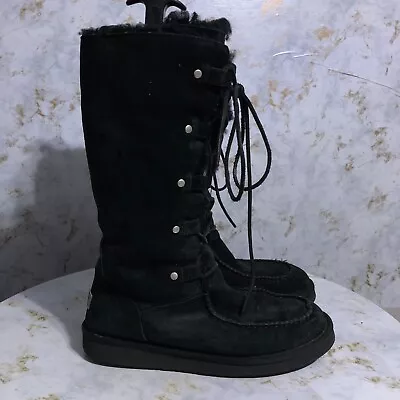 UGG Appalachian Womens Sz 11M Shoes Black Lace Up Knee High Shear Lined Boots • $40