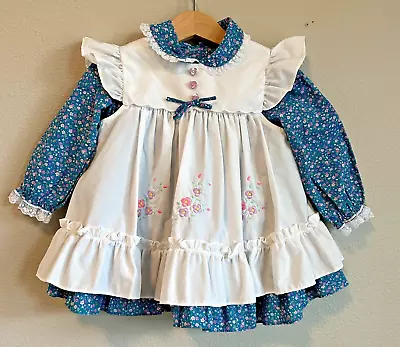 Vintage Toddler Girls Size 2T Dress Blue Floral White April 1980's 1990s Lace • $19.95