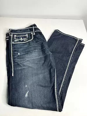 True Religion Men’s 38x34 Mega T Straight W/ Flaps Dark Blue White Stitch Jeans  • $93.75