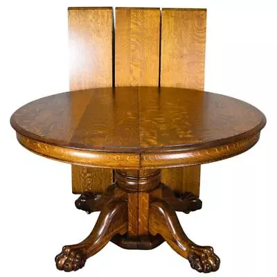 Antique Round Oak Claw Foot Split Base Table W/3 Leaves #22024 • $1450