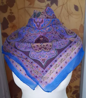 Silk Vintage Head Scarf 33 Inch Square Blue Purple Pink Green Paisley  Pattern • £10