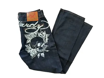 ED HARDY LOT 2008 Mens Dark Blue Jeans Button Fly Straight Skulls Size 36 X 33 • $149.99