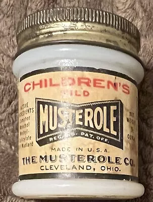 Vintage Children's Musterole Milk Glass Medicine Jar W Contents Cleveland 7/8 OZ • $13.95