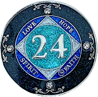 NA 24 Year Glitter & Crystals Medallion Narcotics Anonymous Blue Glitter Coin • $27.99