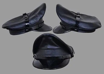 Genuine Real Leather Black Army Muir Biker Peaked Police Bluf Cap Hat • £33.99