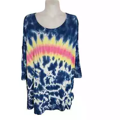 Erin London Womens Top Large Tie Dye 3/4 Sleeve Cold Shoulder Scoop Neck Blue • $17.89