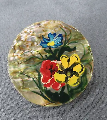 Hand Painted Brooch Pin Mother Of Pearl Abalone Colorful Flowers Shell 1.5  Vtg • $18