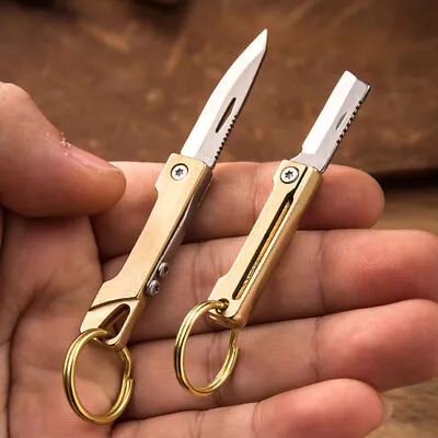 Mini EDC Brass Keychain Foldable Knife Outdoor Travel Portable Cutter Tool • $9.11