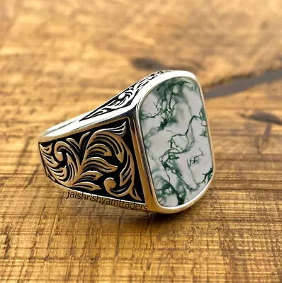 Moss Agate Ring Mens 925 Silver Ring Vintage Moss Agate Engagement Ring Mens • $60.59