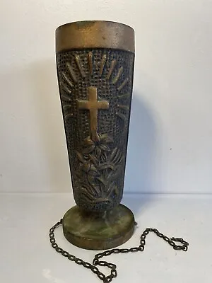 Vintage Cemetery Floral Vase Bronze Memorial  10.5” Cross And Flowers • $299.99